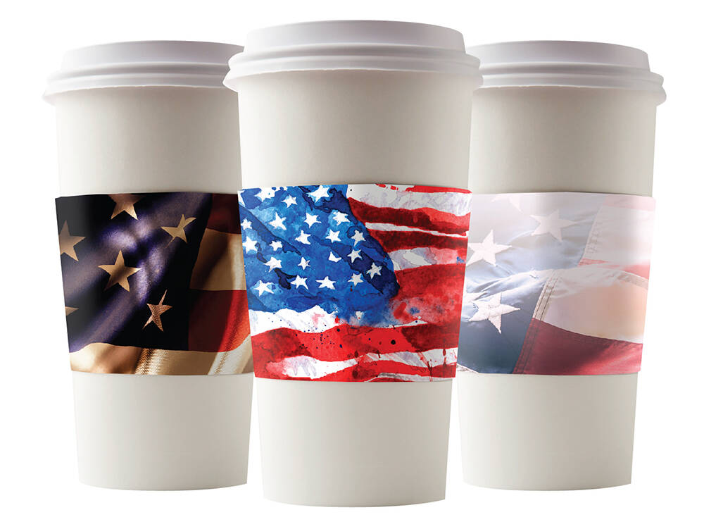 American Flag coffee sleeves on a white cup