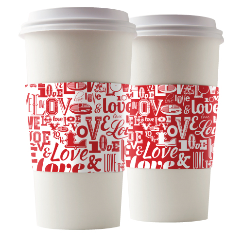 coffee cup with red and white "love" cup sleeve
