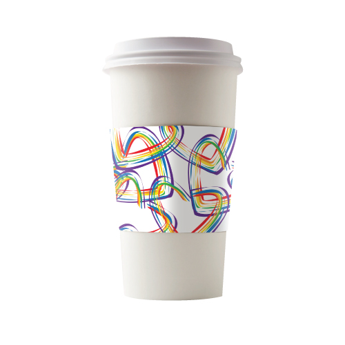 coffee cup with a rainbow heart cup sleeve